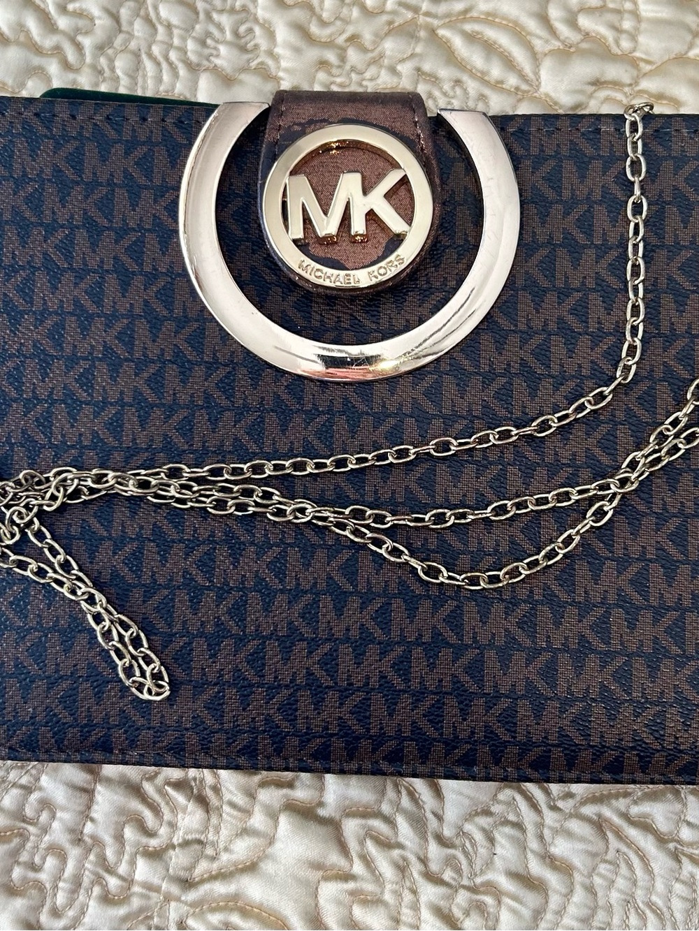 Michael Kors Brown and Gold MK Monogram Chain Shoulder Bag